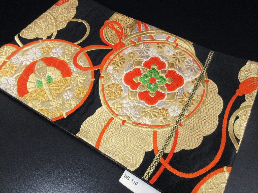 Fukuro Obi Vintage(1950-1980) Black Gold Tsuzumi Butterfly Silk BB110W7
