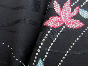 Haori Jacket Vintage(1950-1980) Black Flower Maple Leaf Silk #7950M4