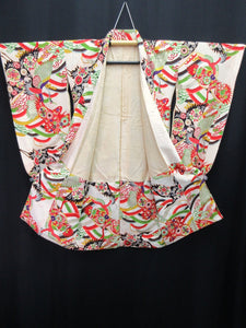 Girl's Kimono Vintage(1950-1980) White Crane Birds Silk #8122A4