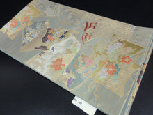 Load image into Gallery viewer, Fukuro Obi Gold Mist green Peony Chrysanthemum Wave Silk BB130W8
