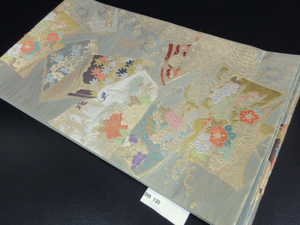 Fukuro Obi Gold Mist green Peony Chrysanthemum Wave Silk BB130W8
