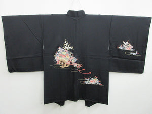 Haori Jacket Vintage(1950-1980) Black Fully Embroidered Ume Kiku Silk #7773K4