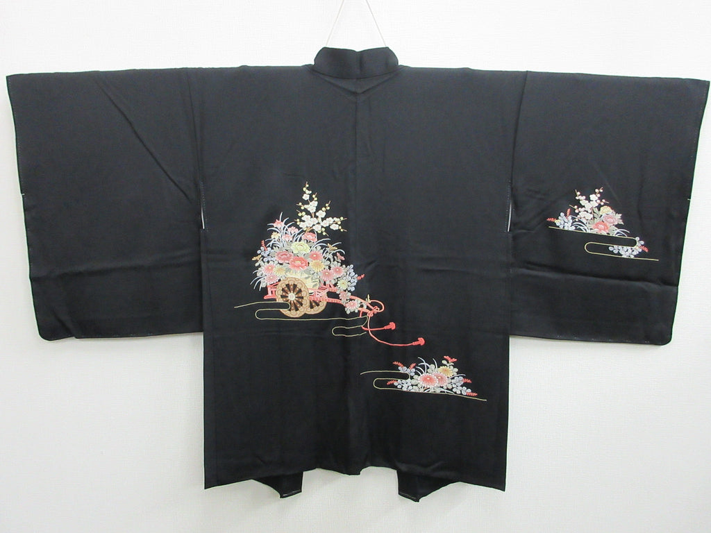 Haori Jacket Vintage(1950-1980) Black Fully Embroidered Ume Kiku Silk #7773K4