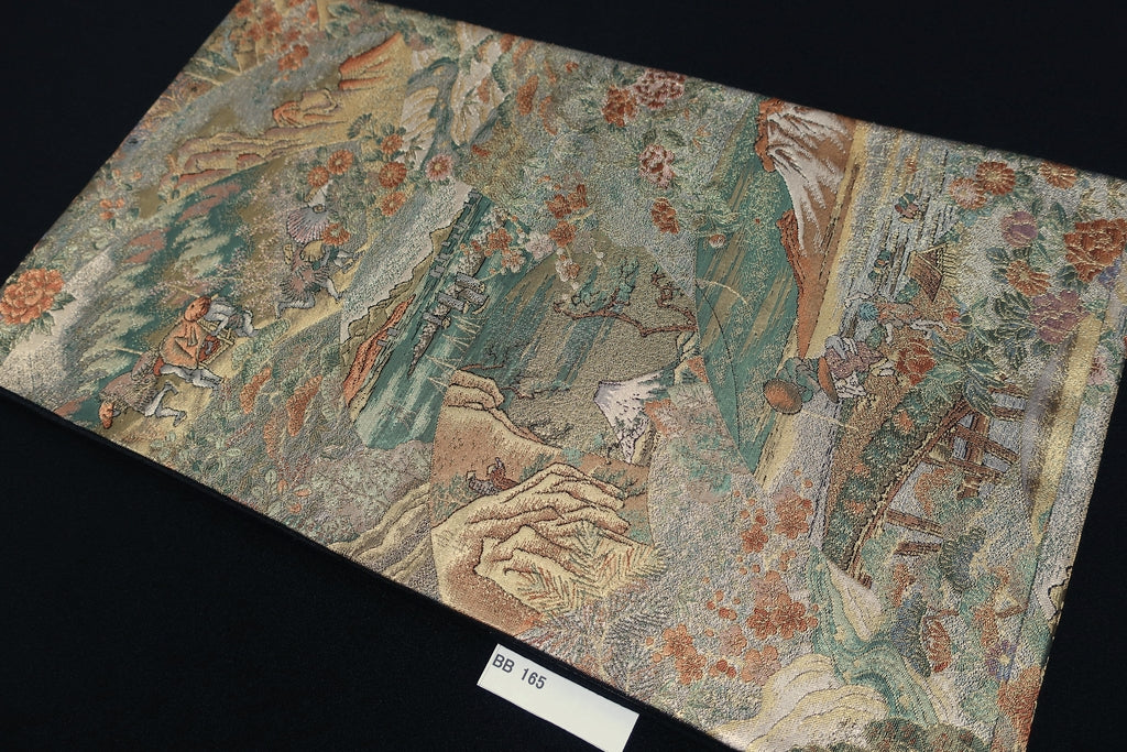 Fukuro Obi Gold Silver Green Landscape Tokaido Silk BB165W2