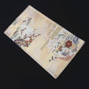 Fukuro Obi Vintage(1950-1980) White Gold Crane Birds Plum blossom Silk BB183V1