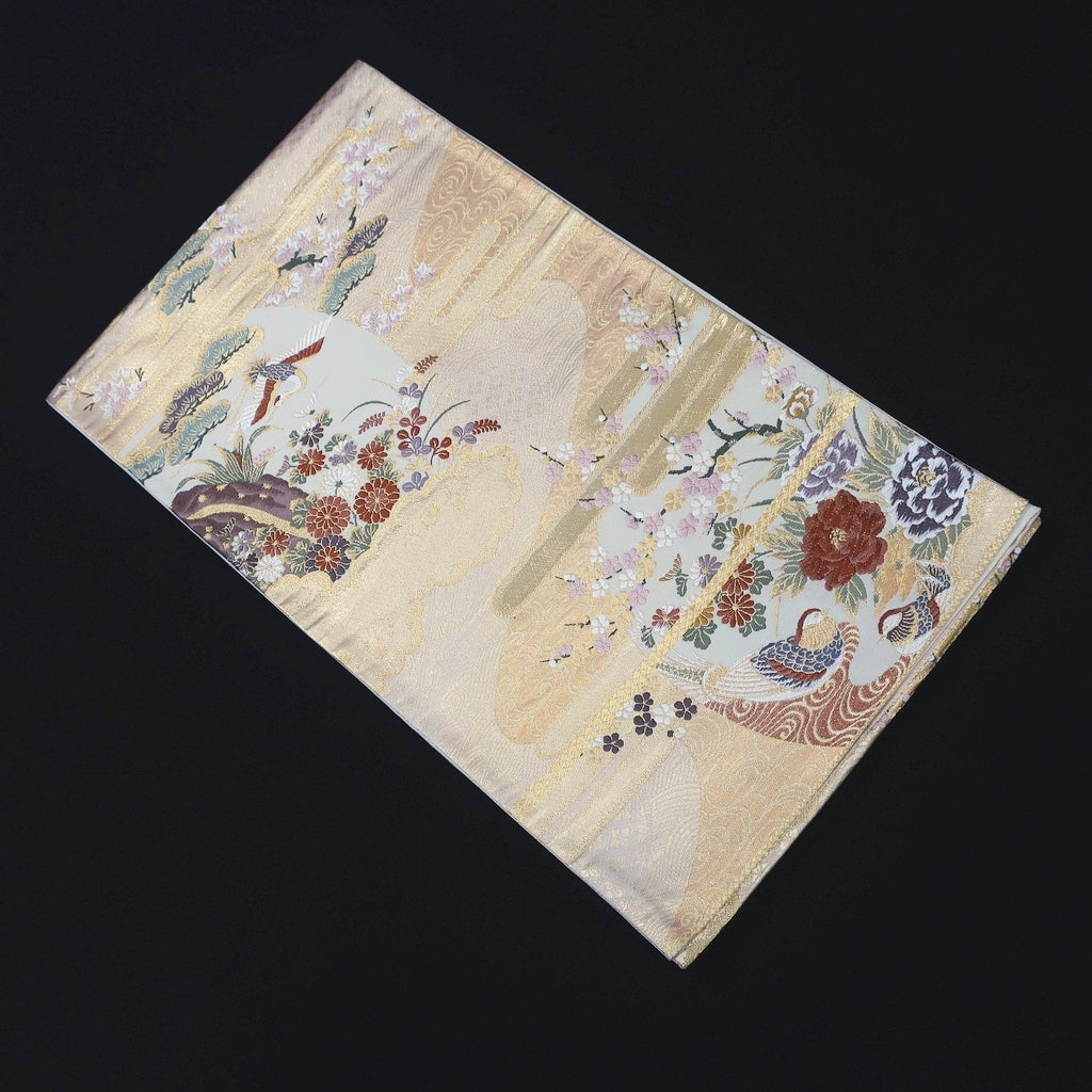 Fukuro Obi Vintage(1950-1980) White Gold Crane Birds Plum blossom Silk BB183V1