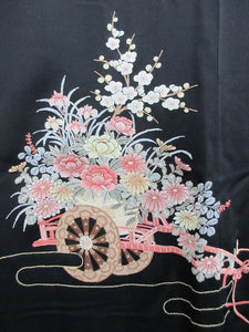 Haori Jacket Vintage(1950-1980) Black Fully Embroidered Ume Kiku Silk #7773K4
