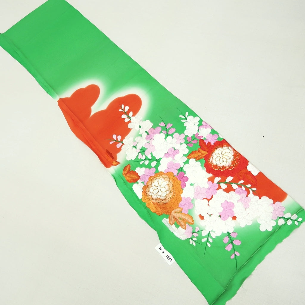 KK1282B5 Silk Kimono Fabric Vintage(1950-1980) Embroidery Ume Kiku Green 52.0x12.6in(132x32cm)