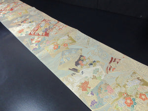 Fukuro Obi Gold Mist green Peony Chrysanthemum Wave Silk BB130W8