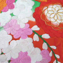 Load image into Gallery viewer, KK1282B5 Silk Kimono Fabric Vintage(1950-1980) Embroidery Ume Kiku Green 52.0x12.6in(132x32cm)
