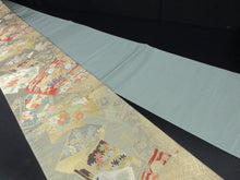 Load image into Gallery viewer, Fukuro Obi Gold Mist green Peony Chrysanthemum Wave Silk BB130W8
