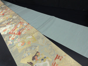 Fukuro Obi Gold Mist green Peony Chrysanthemum Wave Silk BB130W8
