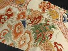 Load image into Gallery viewer, BB8290AD Silk Obi Fabric Vintage(1920-1950) Dragon Crane Birds Red Gold 78.0x12.6in(198x32cm)
