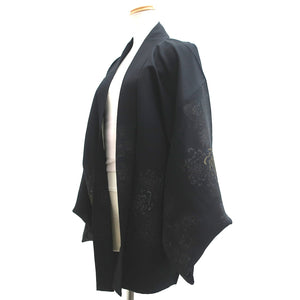 Haori Jacket Vintage(1950-1980) Black Silver Gold Chrysanthemum Silk #9229E3