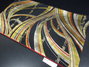 Fukuro Obi Vintage(1950-1980) Black Gold Silver Wave Flower Silk BB71W5