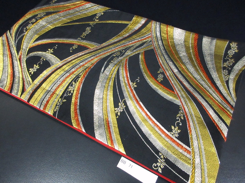Fukuro Obi Vintage(1950-1980) Black Gold Silver Wave Flower Silk BB71W5