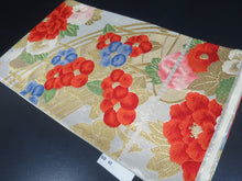 Load image into Gallery viewer, Fukuro Obi Vintage(1950-1980) Gold Silver Red Peony Silk BB92W6
