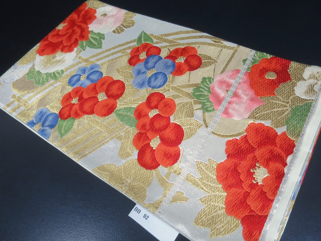 Fukuro Obi Vintage(1950-1980) Gold Silver Red Peony Silk BB92W6