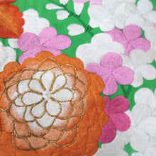 Load image into Gallery viewer, KK1282B5 Silk Kimono Fabric Vintage(1950-1980) Embroidery Ume Kiku Green 52.0x12.6in(132x32cm)
