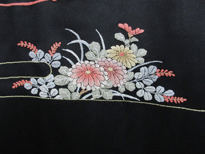 Haori Jacket Vintage(1950-1980) Black Fully Embroidered Ume Kiku Silk #7773K4