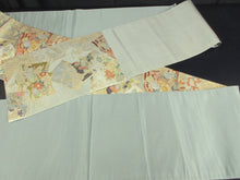 Load image into Gallery viewer, Fukuro Obi Gold Mist green Peony Chrysanthemum Wave Silk BB130W8
