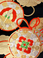 Load image into Gallery viewer, Fukuro Obi Vintage(1950-1980) Black Gold Tsuzumi Butterfly Silk BB110W7

