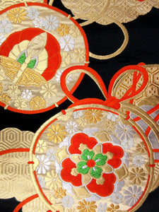 Fukuro Obi Vintage(1950-1980) Black Gold Tsuzumi Butterfly Silk BB110W7