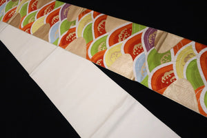 Fukuro Obi Vintage(1950-1980) Gold Green Orange Wave Silk BB145W9