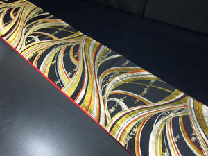 Fukuro Obi Vintage(1950-1980) Black Gold Silver Wave Flower Silk BB71W5