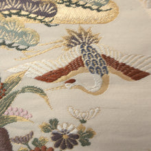 Load image into Gallery viewer, Fukuro Obi Vintage(1950-1980) White Gold Crane Birds Plum blossom Silk BB183V1
