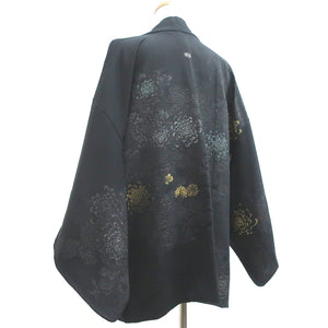 Haori Jacket Vintage(1950-1980) Black Silver Gold Chrysanthemum Silk #9229E3