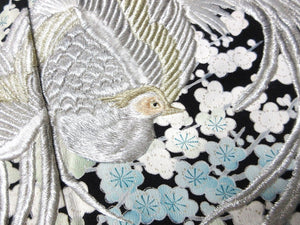 BCF#2901 Silk Tomesode Fabric Vintage(1950-1980) Embroidery Bird Plum Blossom Black 41.3x25.6in(105x65cm)