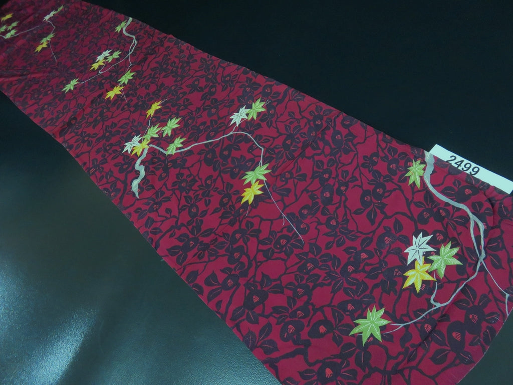 FF2499A Silk Kimono Fabric Vintage(1950-1980) Maple Leaf Dark Red 53.1x11.8in(135x30cm)