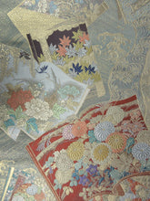 Load image into Gallery viewer, Fukuro Obi Gold Mist green Peony Chrysanthemum Wave Silk BB130W8
