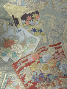 Fukuro Obi Gold Mist green Peony Chrysanthemum Wave Silk BB130W8
