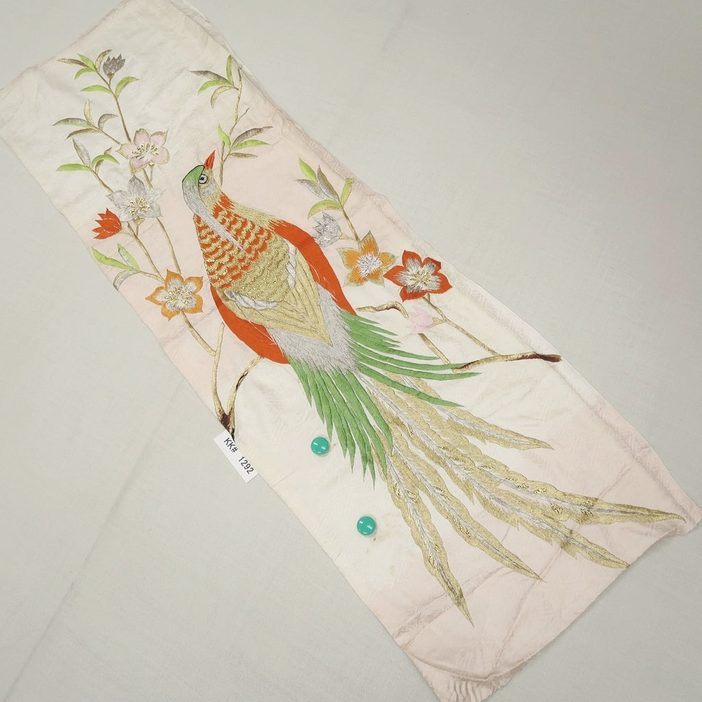 KK1292B6 Silk Kimono Fabric Vintage(1950-1980) Embroidery Birds Branch Light Pink White 38.6x12.2in(98x31cm)
