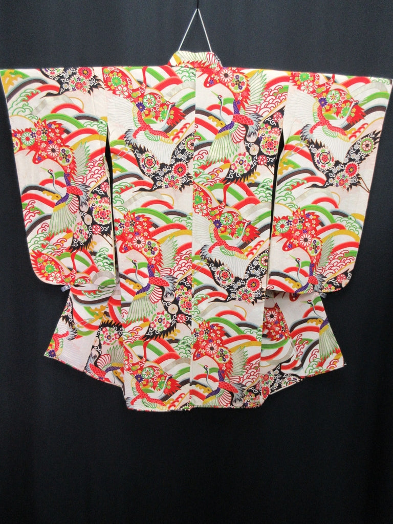 Girl's Kimono Vintage(1950-1980) White Crane Birds Silk #8122A4