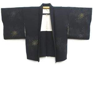 Haori Jacket Vintage(1950-1980) Black Silver Gold Chrysanthemum Silk #9229E3