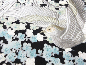 BCF#2901 Silk Tomesode Fabric Vintage(1950-1980) Embroidery Bird Plum Blossom Black 41.3x25.6in(105x65cm)