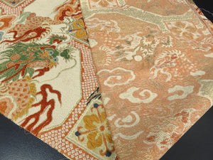 BB8290AD Silk Obi Fabric Vintage(1920-1950) Dragon Crane Birds Red Gold 78.0x12.6in(198x32cm)