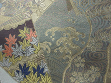 Load image into Gallery viewer, Fukuro Obi Gold Mist green Peony Chrysanthemum Wave Silk BB130W8
