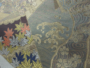 Fukuro Obi Gold Mist green Peony Chrysanthemum Wave Silk BB130W8