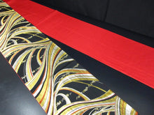 Load image into Gallery viewer, Fukuro Obi Vintage(1950-1980) Black Gold Silver Wave Flower Silk BB71W5

