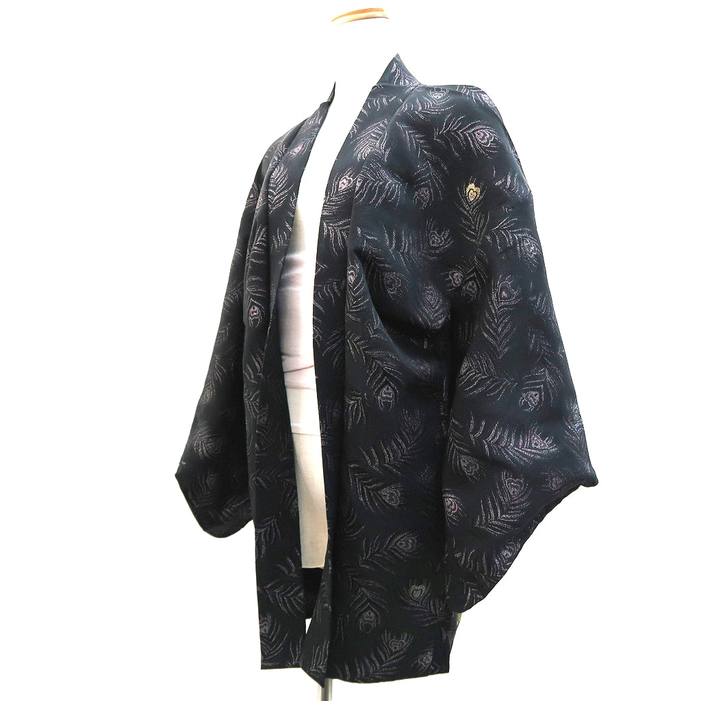 Haori Jacket Vintage(1950-1980) Black Silver Gold Peacock feather Silk #9541H2