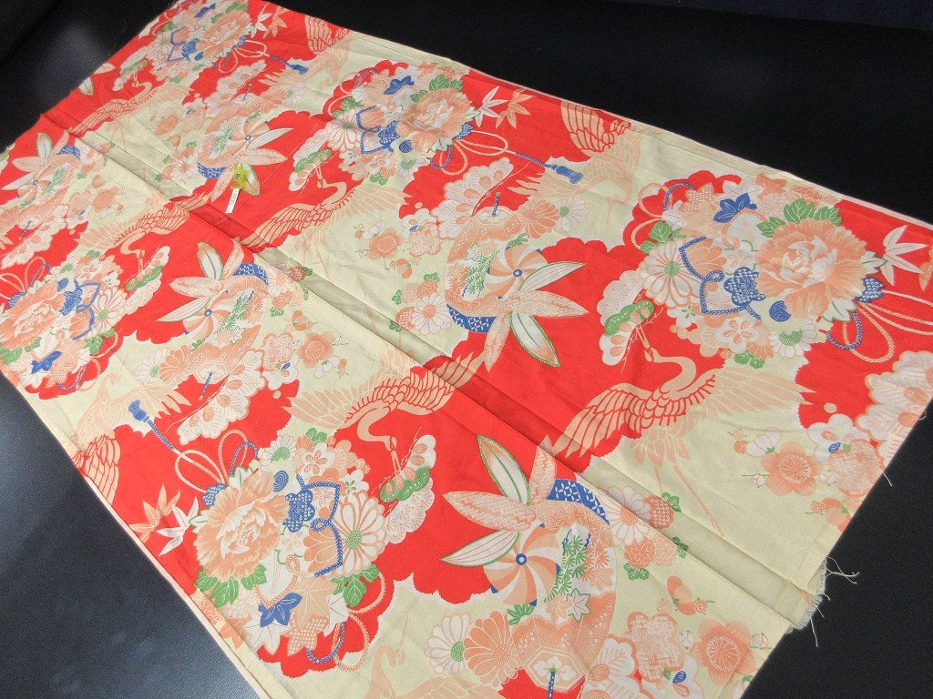 ACH#747 Silk Kimono Fabric Vintage 1930s Crane Flower 49.2x25.6in(125x65cm)