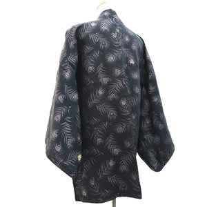 Haori Jacket Vintage(1950-1980) Black Silver Gold Peacock feather Silk #9541H2