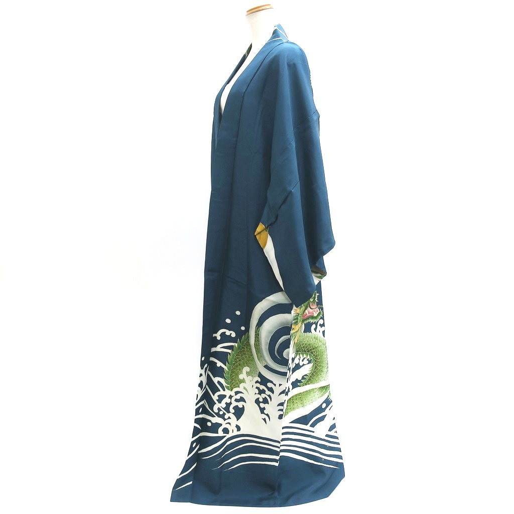Men's Kimono Vintage(1950-1980) Blueish Green Hand painted Dragon Silk #9124D4