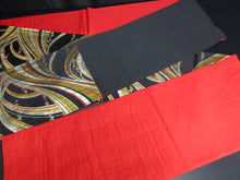 Load image into Gallery viewer, Fukuro Obi Vintage(1950-1980) Black Gold Silver Wave Flower Silk BB71W5
