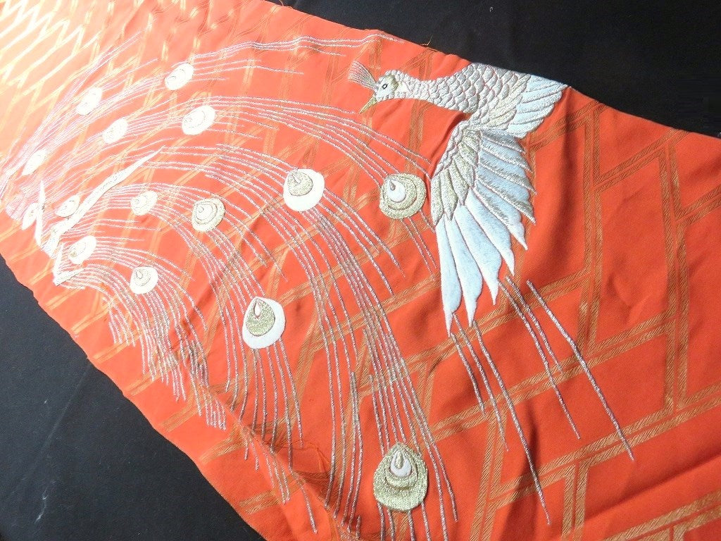 BCF#2808 Silk Kimono Fabric Vintage(1920-1950) Embroidery Peacock Vermillion 145cm (57.1in)