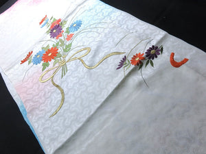 BCF#2845 Silk Kimono Fabric Vintage(1950-1980) Embroidery Flower Pale White 160cm (63.0in)
